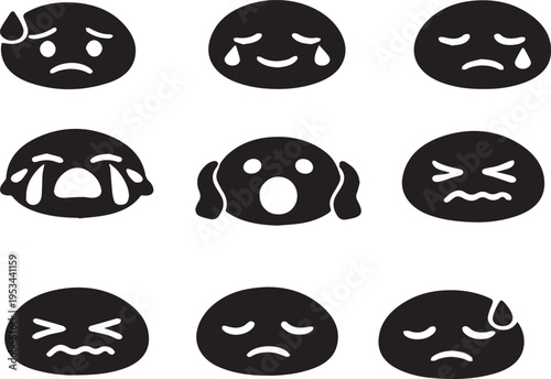 Collection of various sad and crying emoticon faces on white background
