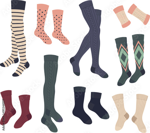 Hand drawn vector illustration collection of various patterned socks and wool tights, cozy winter hosiery set isolated on white background for fashion design.