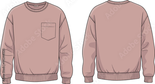 Minimalist crewneck sweatshirt mockup with front and back views, ribbed cuffs and hem detail, clean vector fashion illustration apparel design template