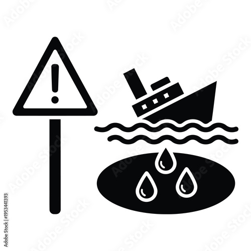 Warning sign with oil spill and sinking ship icon on white background icon