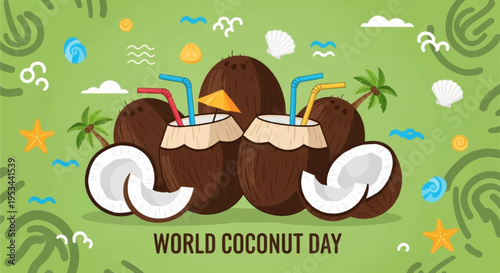 Three brown coconuts with colorful straws on green background with tropical pattern world coconut day