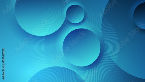 Bright blue glossy circles and lines abstract minimal geometric background