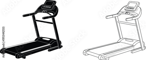 Black silhouette and line drawing illustrations of treadmills, showcasing exercise equipment design with running belt, console, and rails for fitness, gym, and workout concepts