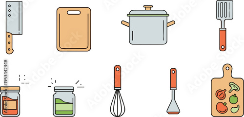 Kitchen cooking tools and utensils icon set including knife cutting board pot whisk spatula jars vector illustration colored isolated design collection