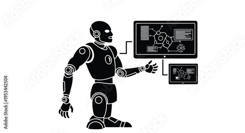 Black and white vector illustration of an android interacting with futuristic digital information displays