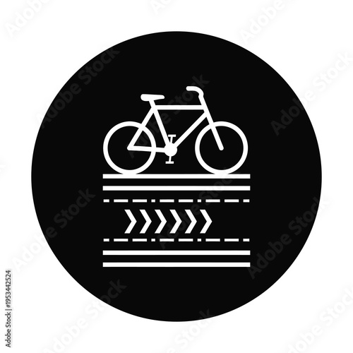 Bicycle lane road sign with white markings on black circle background icon