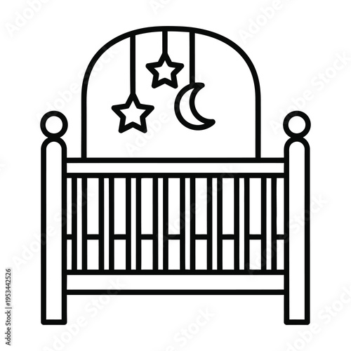 Baby crib with stars and moon hanging above it  nursery furniture icon