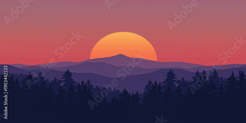 A beautiful nature landscape featuring the sun glowing over mountain peaks at dawn and dusk with orange clouds and golden sunlight painting the sky