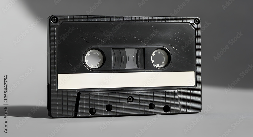 Naklejka premium Retro audio cassette tape on a neutral background, representing classic recording media and vintage technology