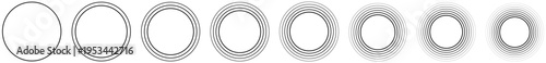 Concentric circle ring outlines set in multiple stroke styles. Concentric circles vector, radial rings pattern, circular line design. Geometric circle rings, round symmetry shapes, vector illustration