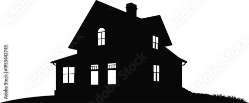 Black silhouette house illustration with pitched roof, chimney, windows, and porch design, architectural icon for real estate, home construction, property, and residential artwork