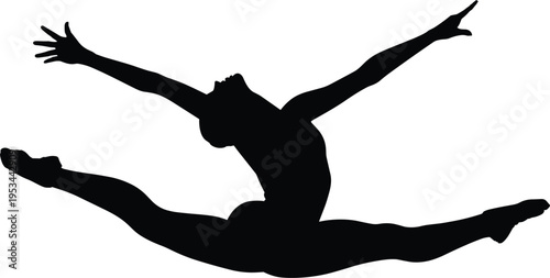Gymnast jumping split silhouette, female dancer leap pose for sport fitness design vector illustration
