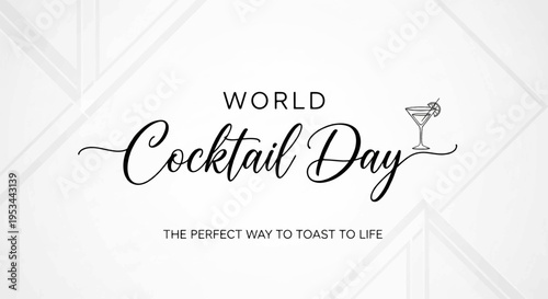 World cocktail day toast with elegant cocktail glass on white background with grey lines