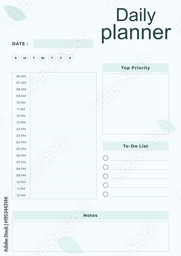 A daily planner template with a clean and modern design on a light blue background
