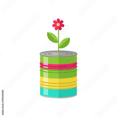 upcycled tin can flower pot with colorful painted design
