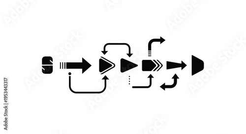 Black and white vector graphic illustrating a complex process workflow with several iterative feedback loops