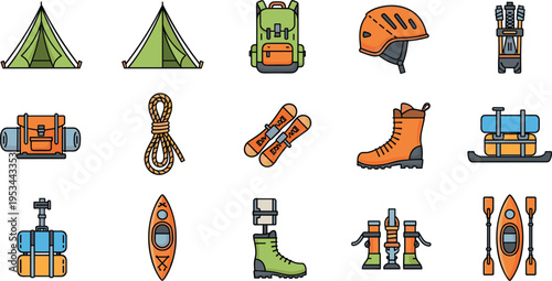 Outdoor adventure and camping equipment icon set including tent backpack helmet rope kayak vector illustration colored isolated travel design collection