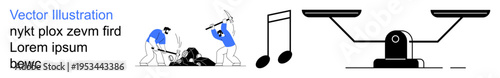 Labor, creativity, justice, balance, music, mining. Workers using pickaxes on the ground. Musical notes and scales. mining labor and the justice and balance concept