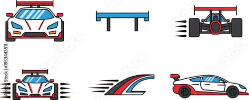 Racing car and motorsport elements icon set including sports car spoiler speed lines vector illustration colored isolated design collection