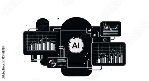 Abstract vector graphic illustration displaying artificial intelligence processing complex data and analytical charts