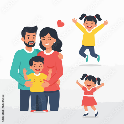 A cartoon depiction of a family with two parents and two happy children