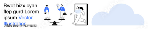 Business equality, decision-making, lifestyle balance, collaboration, modern tech, innovation. Two figures on a scale, a woman walking cloud icon. Business equality and decision-making ideas