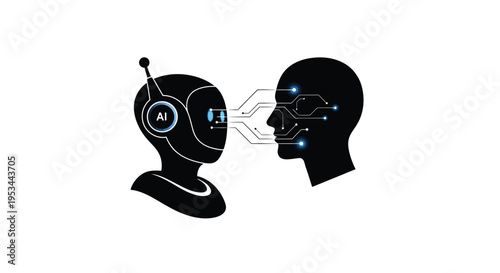 Conceptual vector graphic illustration of an AI robot connecting to a human mind's digital data