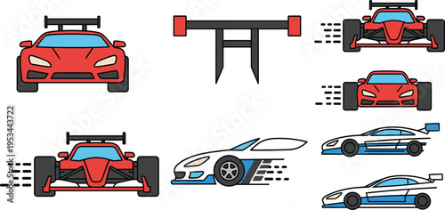 Racing cars and motorsport vehicles icon set including formula sports car spoiler vector illustration colored isolated speed design collection