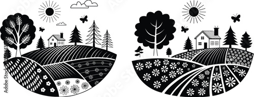 Black and white stylized illustrations of rural countryside landscapes with houses, trees, hills, sun, and fields, showcasing decorative nature, farming, and village design concept