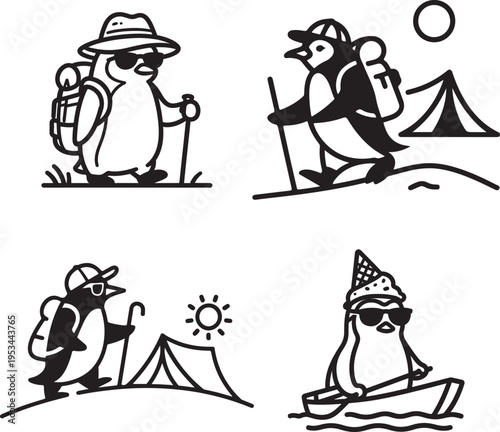 Adventurous Penguin Mascot Vector Set: Minimalist Black and White Icons of a Cool Penguin Character Hiking, Boating, and Camping with Sunglasses and Backpack