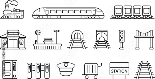 Train railway outline icon set with locomotive, station elements, metro transport symbols, rail infrastructure, modern line vector illustration collection