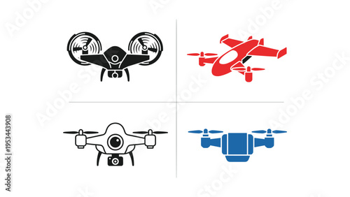 Four distinct types of modern aerial and ground vehicles in silhouette