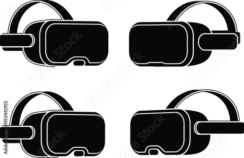 Black and white stylized illustrations of virtual reality headsets showing multiple angles, modern design details, straps, and contours for technology, gaming, and product design concepts