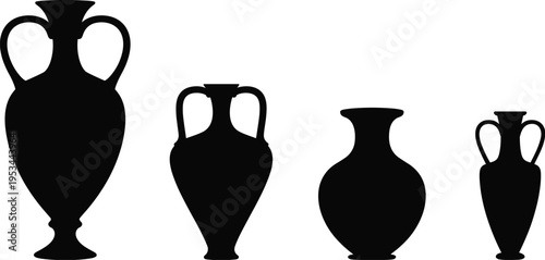 Black and white stylized vector illustration of ancient amphora vases with diverse shapes, handles, proportions, classical pottery silhouette design