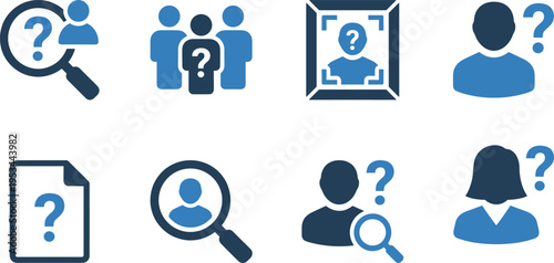 User search identity icons set, unknown person profile symbols collection, recruitment investigation concept, people analysis vector illustration design pack