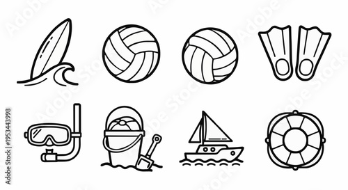 Minimalist black line icons set of beach and water sports gear on clean background
