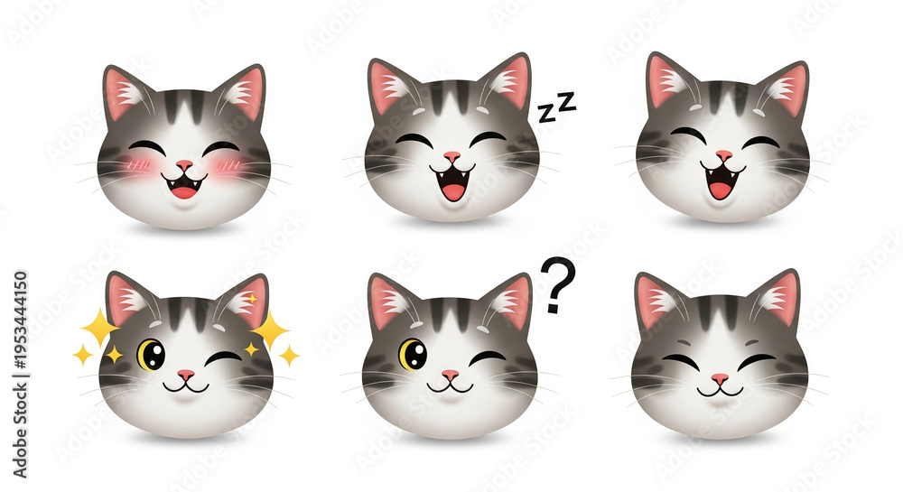 Fototapeta premium Cute cartoon cat faces showing different expressions on white background