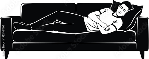 A man  reclines on a couch resting peacefully in a relaxed pose isolated on white background