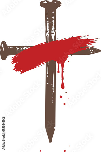 Christian Cross Nails with Blood Brush Stroke Vector Illustration Faith Sacrifice Religious Symbol Design