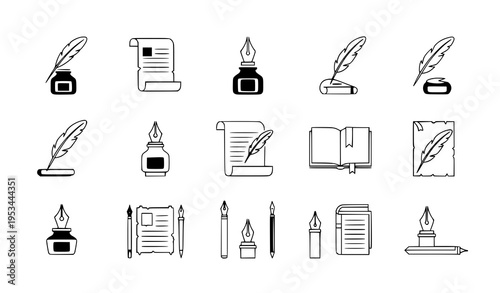 Feather quill pen ink icons minimal black white vector set