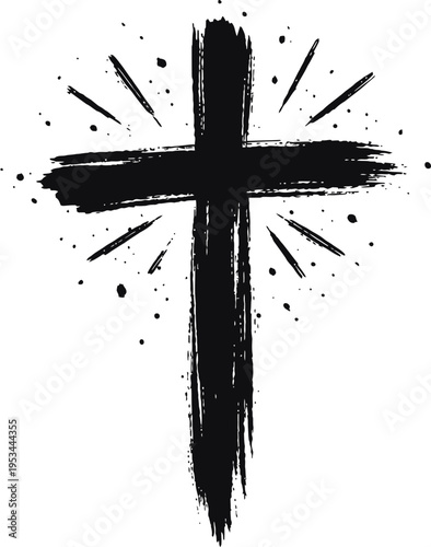 Black Grunge Brush Stroke Cross with Ink Splatter Christian Faith Symbol Vector Illustration