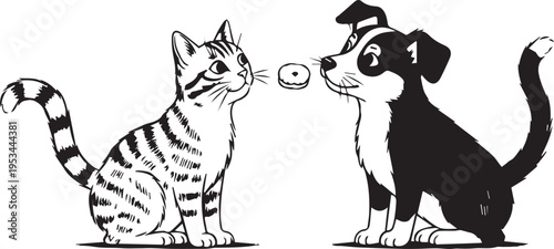 A curious cat and playful dog interact with a bubble outdoors