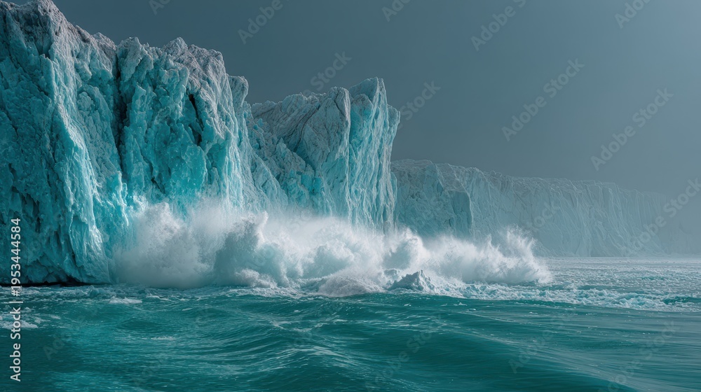 Naklejka premium A dramatic landscape of a massive blue ice glacier meeting the sea, with large splashes of water as ice breaks off into the cold turquoise waves.