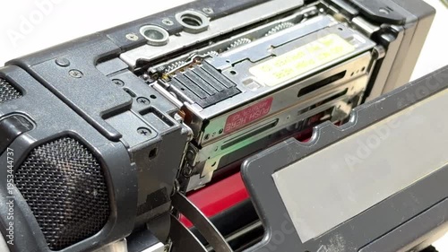 Wallpaper Mural A vintage digital camcorder opens its side compartment to eject a MiniDV tape. The motorized mechanism produces a high-pitched mechanical whir followed by a metallic clicking sound Torontodigital.ca