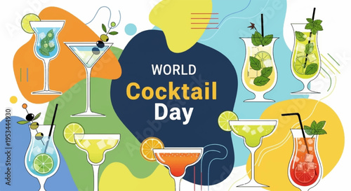 Vibrant world cocktail day celebration with assorted colorful cocktails and mixed drinks on a white background with abstract shapes