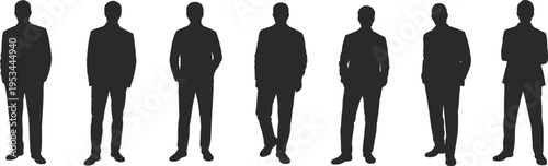 Business men silhouettes standing in formal poses isolated on white background, corporate male professionals collection, flat vector illustration