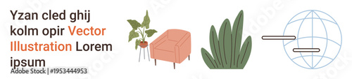 Interior design, modern furniture, eco-living, digital communication, global connectivity, minimalism. A chair with potted plants and a globe with connecting lines. Interior design and digital