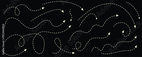 colorful Dashed line directional arrow collection. Hand drawn dot arrow vector set. Hand drawn line doodle arrow, curve arrow icon vector set. Vector illustration. Hand drawn dotted arrows set.