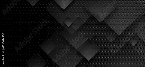 Black perforated metallic texture with glossy transparent squares, abstract background. Geometric tech vector design