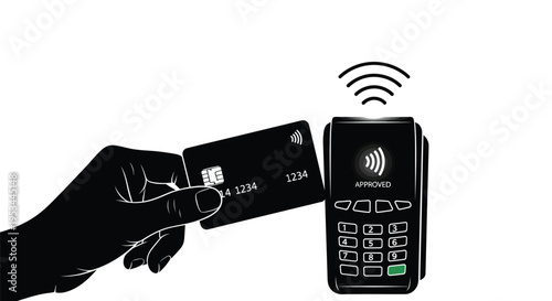 Hand holding credit card performing a contactless payment transaction with a POS terminal vector illustration